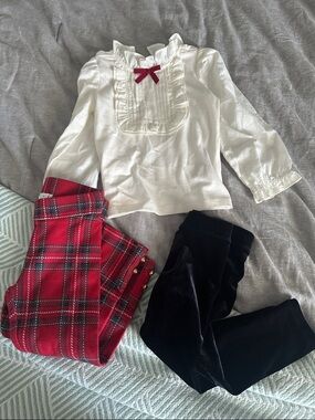 Toddler White Ruffle Blouse with Red Bow + Red Plaid pants & Velvet pants